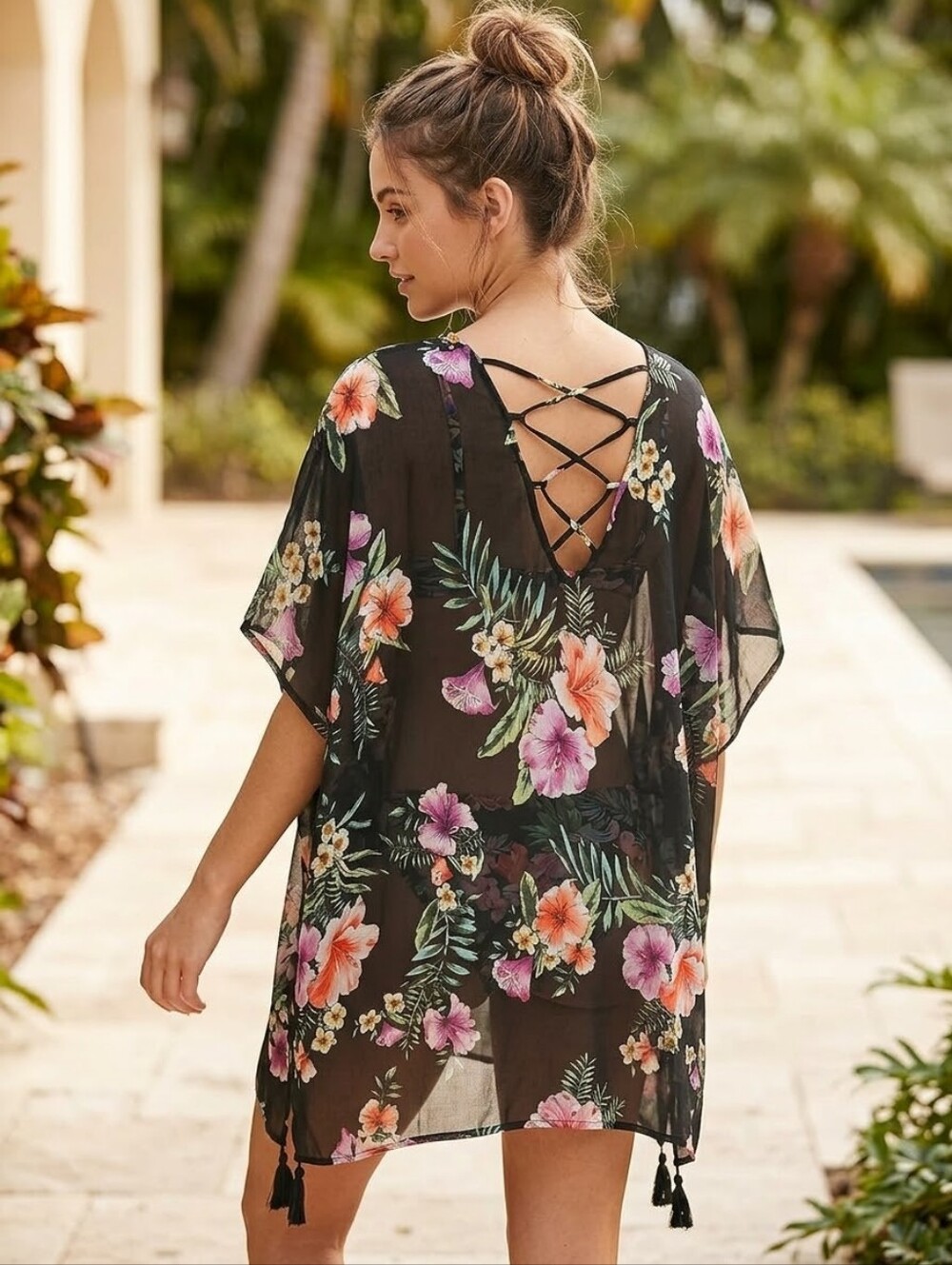 Kona Sol Womens Large Black Tropical Floral Swim Cover Up Tunic Lace Up
